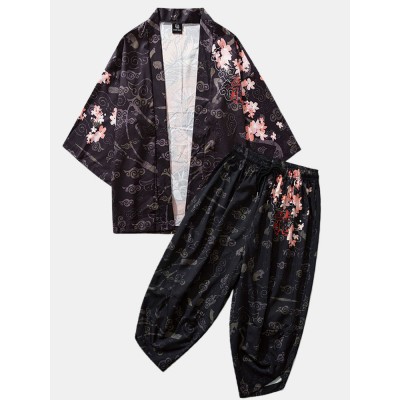 Mens Kimono Ethnic Style Loong Gragon Print Elastic Waist Two Piece Outfits