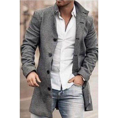 New Men's Woolen Stand Collar Mid-length Casual Coat with Pockets