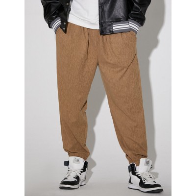 Men Pure Pleats Elastic Waist Ankle Length Casual Pockets Pants