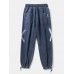 Mens X Print Applique Casual Drawstring Cuff Denim Pants With Pocket