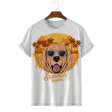 Summer Golden Dog Coconut Tree Island Casual Short Sleeve T-Shirt