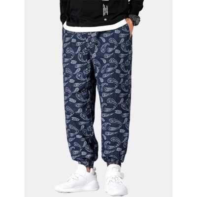 Mens Paisley Print Drawstring Ethnic Style Jogger Pants With Pocket