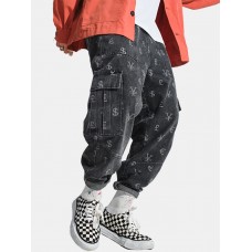 Mens All Over Currency Symbol Print Drawstring Denim Cargo Pants